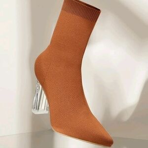Zara Sock Bootie with Clear Acrylic Block Heel Burnt Orange‎